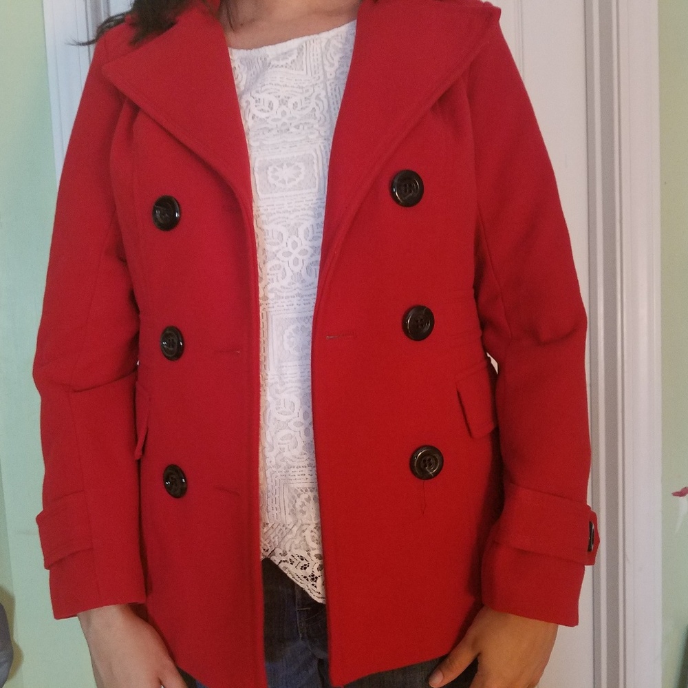 Red George Peacoat with hood, never worn!